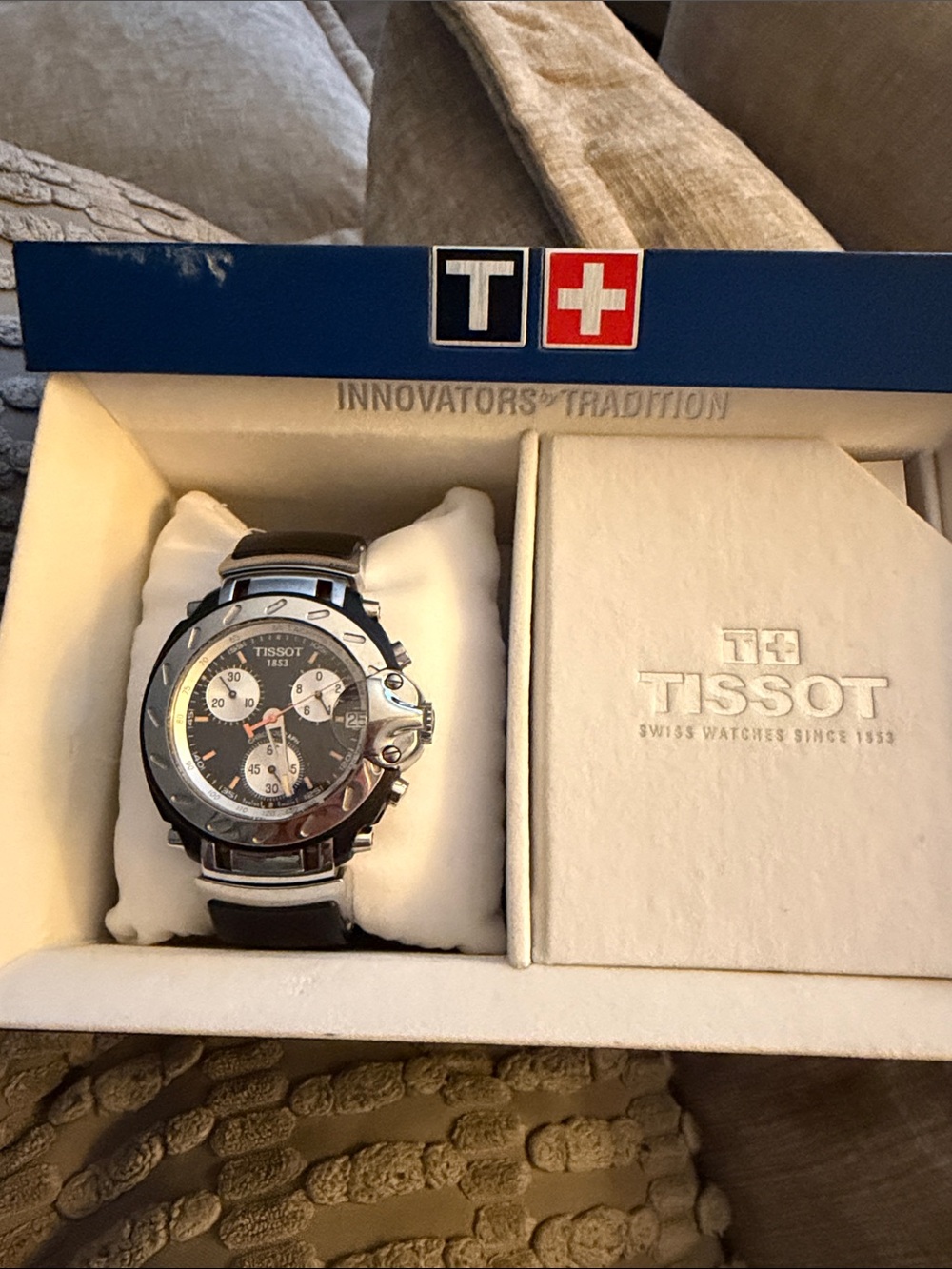 Tissot Black and Silver Chronograph with Brown Leather Strap